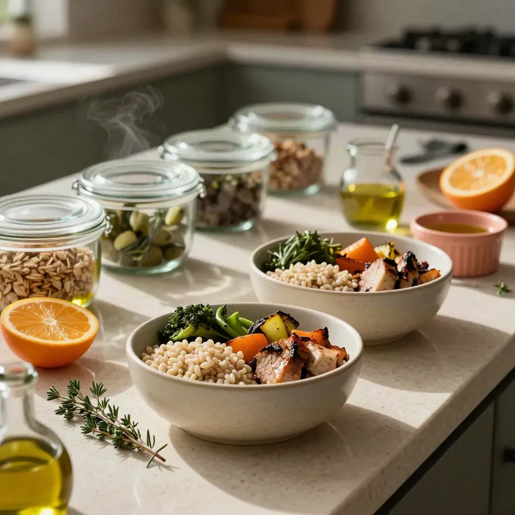 Ciotole meal prep con porzioni bilanciate, agrumi, erbe e olio d’oliva su travertino.