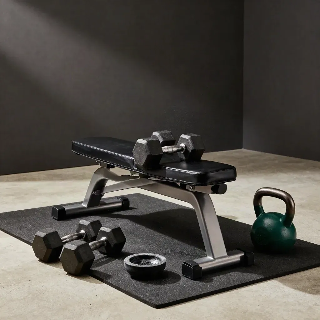 Angolo privato per allenamento forza con panca, manubri, kettlebell e polvere di gesso.
