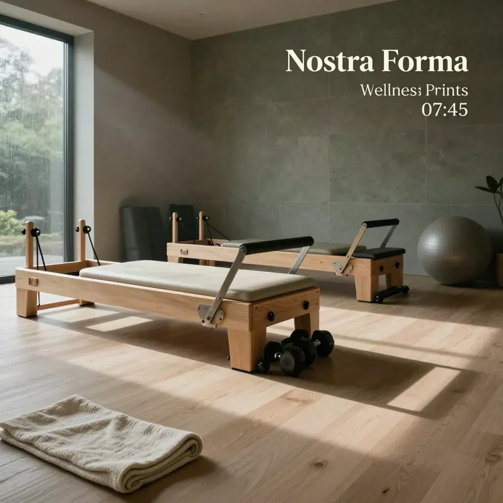Studio wellness elegante con reformer, manubri, tappetini e luce mattutina filtrata dalla pioggia.