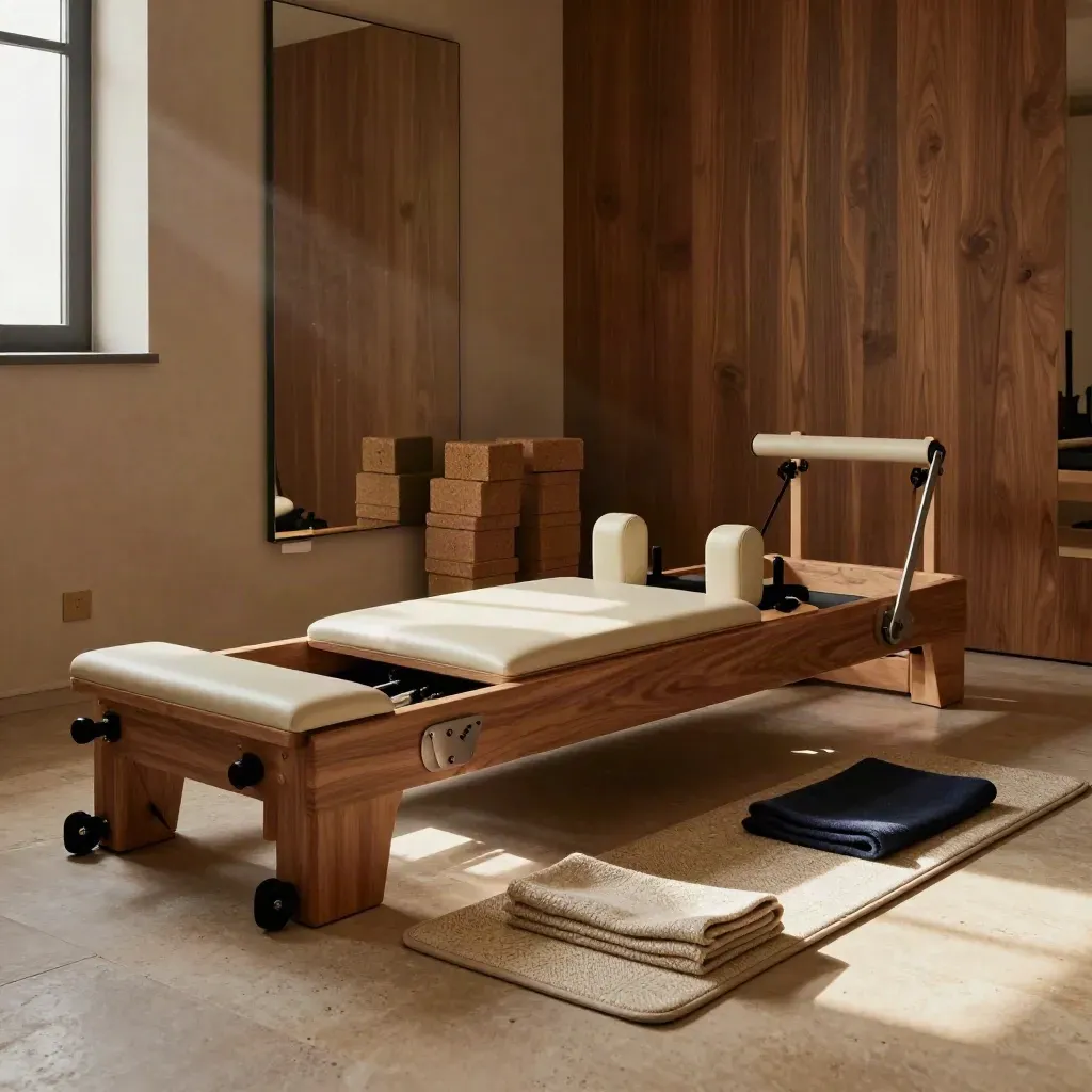 Corner posturale con reformer Pilates, blocchi in sughero, wedge e tappetino piegato.