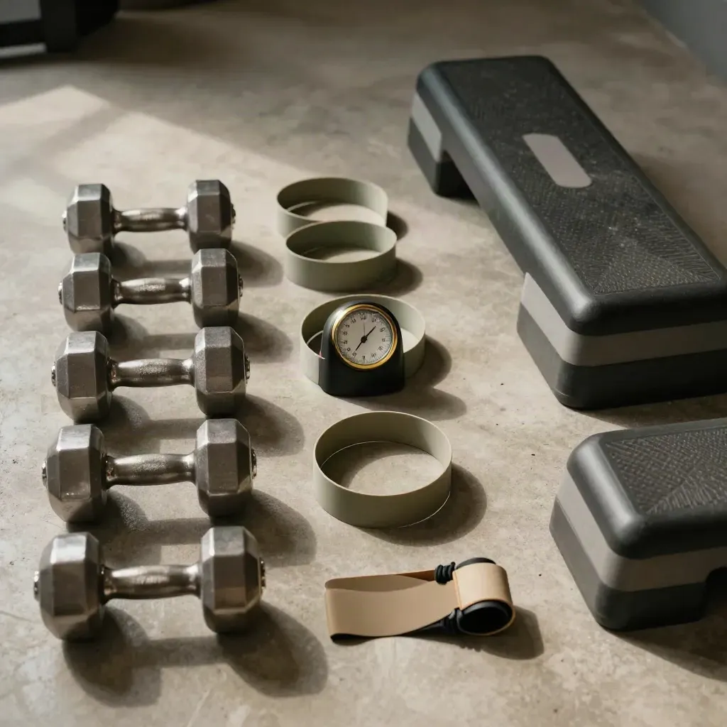 Layout fitness con manubri, elastici, timer chiuso e step block su pavimento chiaro.