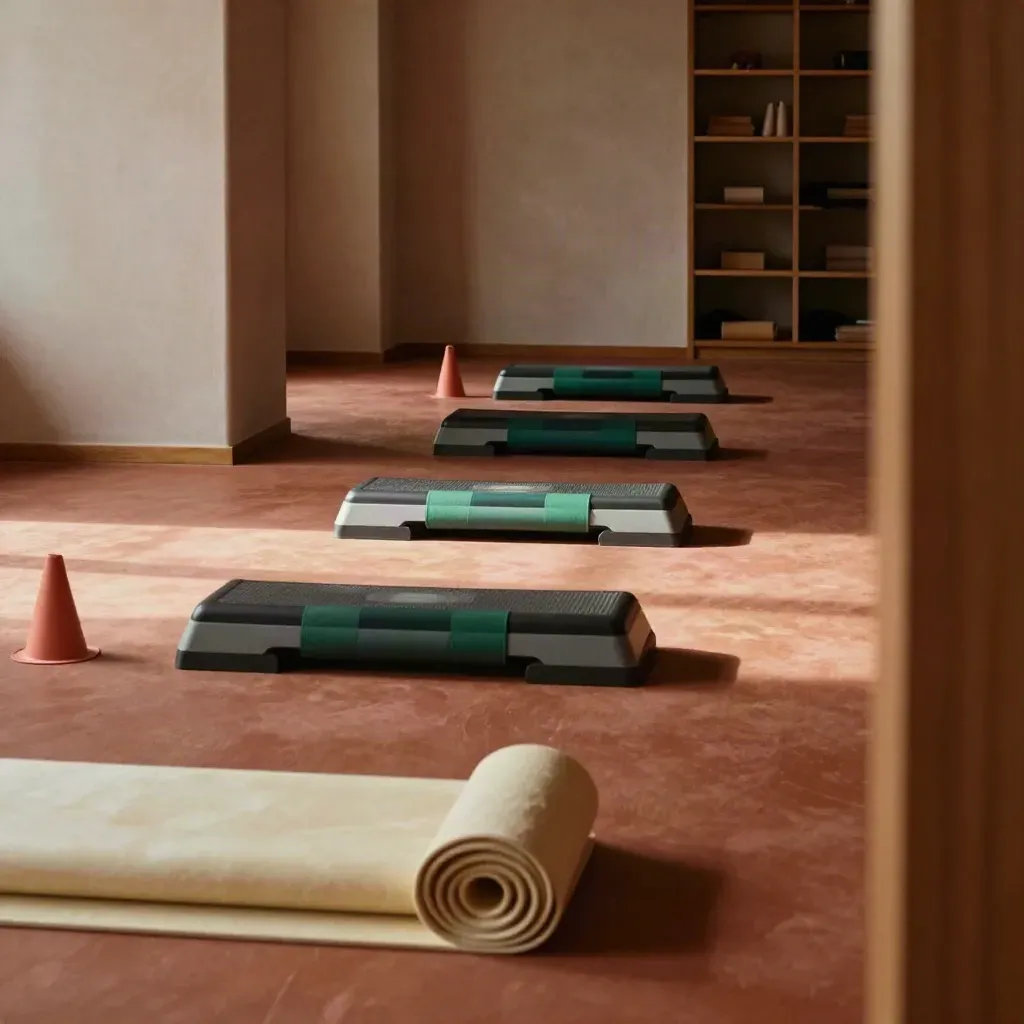 Sala fitness pronta per una lezione di gruppo con tappetini, step, bande elastiche e coni.