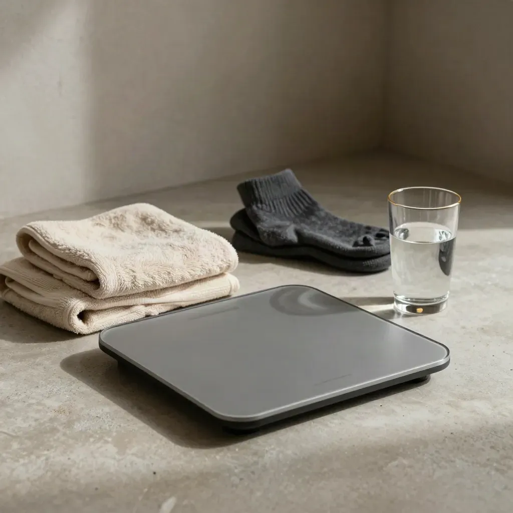 Bilancia smart per composizione corporea con asciugamano, calze e bicchiere d’acqua su pavimento chiaro