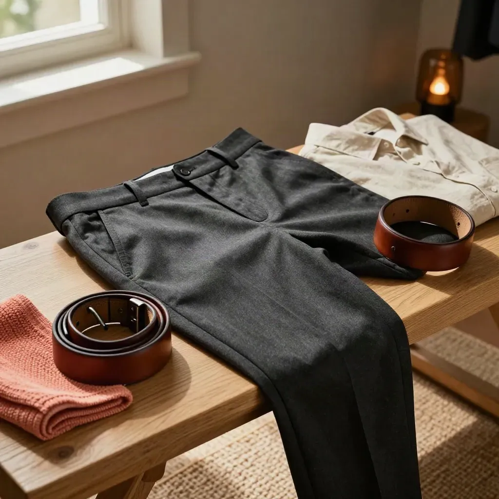 Pantaloni antracite e cintura in pelle su panca in rovere chiaro, luce calda.