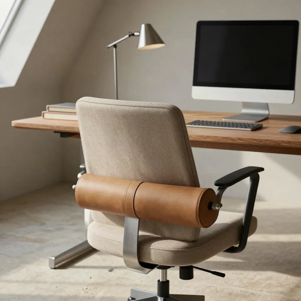 Ufficio ergonomico vuoto con sedia, supporto lombare, monitor rialzato e lampada.