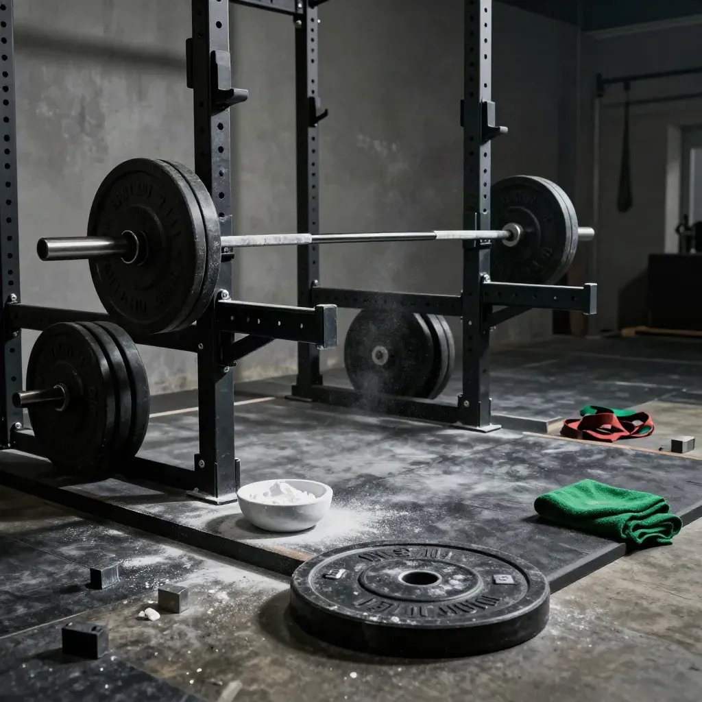 Rack squat carico su piattaforma in gomma, polvere di magnesio e luce drammatica.