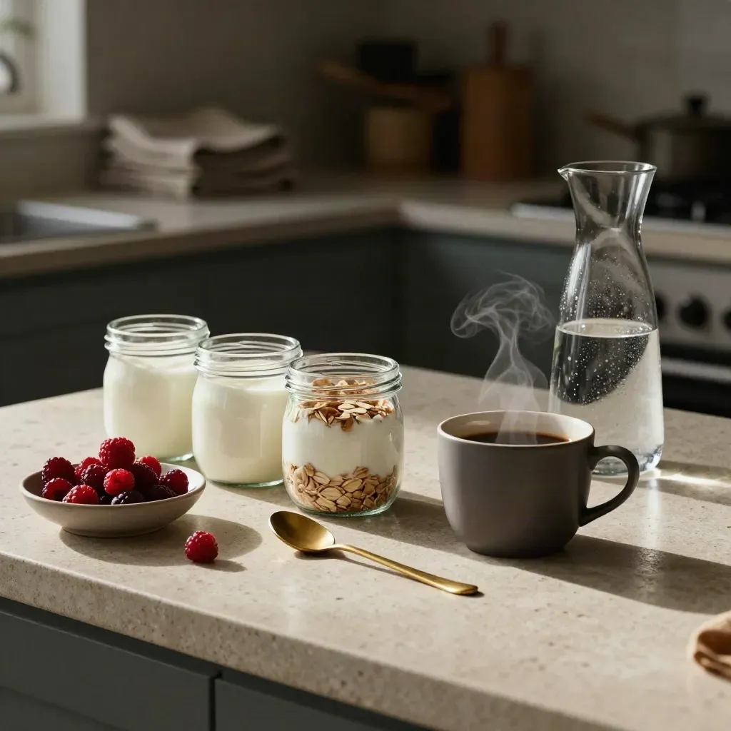 Colazione ordinata su piano in pietra con yogurt, avena, frutti di bosco e caffè fumante.