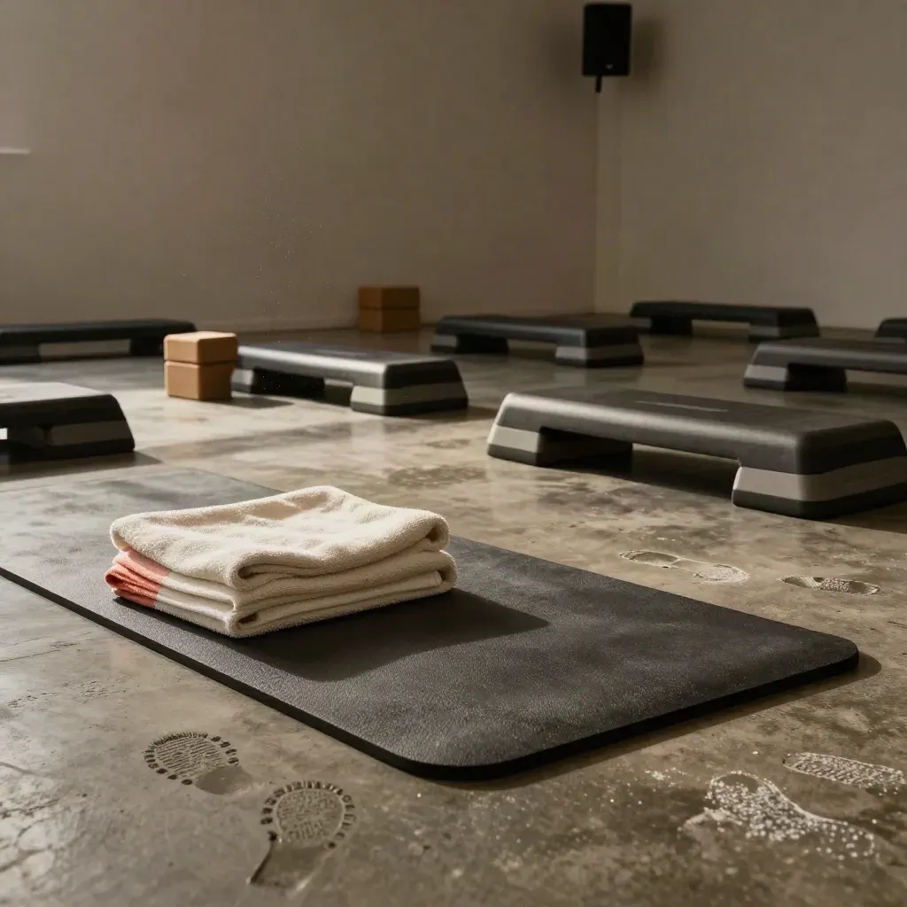 Sala fitness vuota con tappetini, asciugamani e step block in ordine, luce naturale morbida.