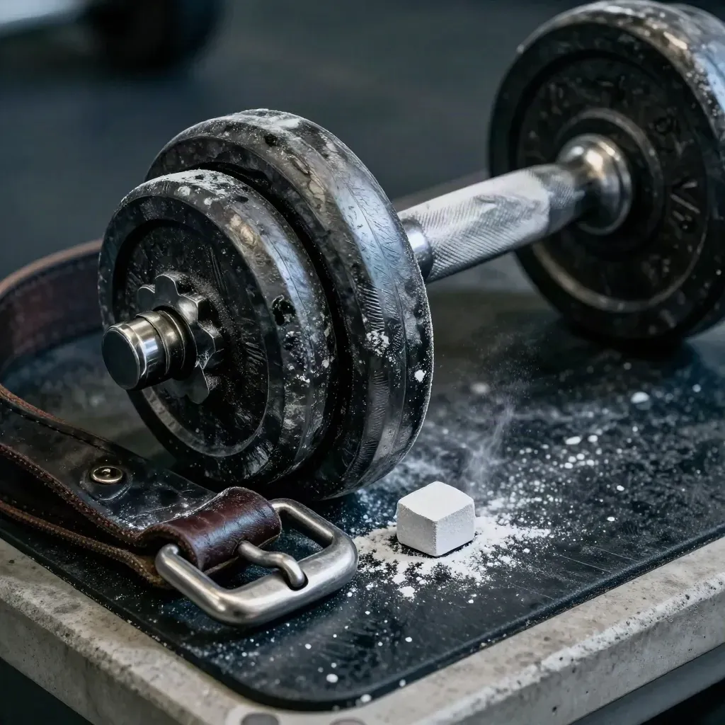 Dettaglio macro di manubrio, gesso e fibbia di cintura in palestra
