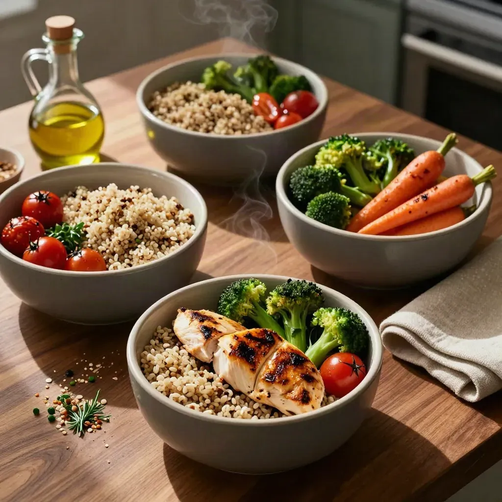 Bowls di meal prep con cereali, verdure, proteine, oliera e lino su piano di cucina.