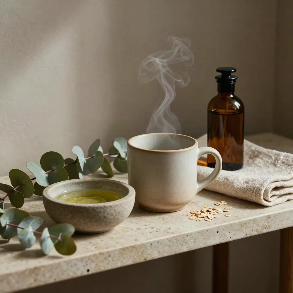 Tazza in ceramica, ciotola di pietra, eucalipto, lino arrotolato e olio in vetro ambrato su travertino.