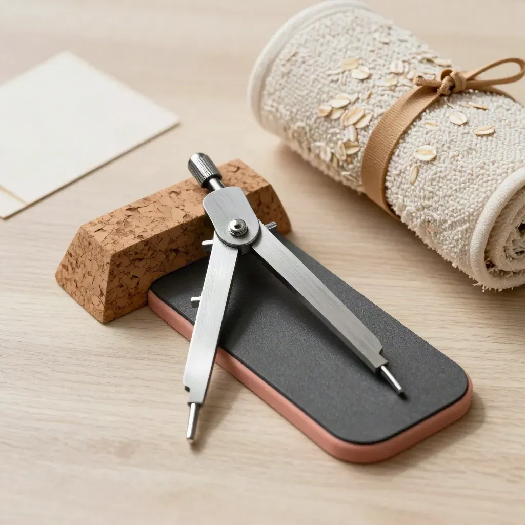 Kit valutazione iniziale con goniometro, cuneo in sughero, balance pad e asciugamano su legno chiaro.