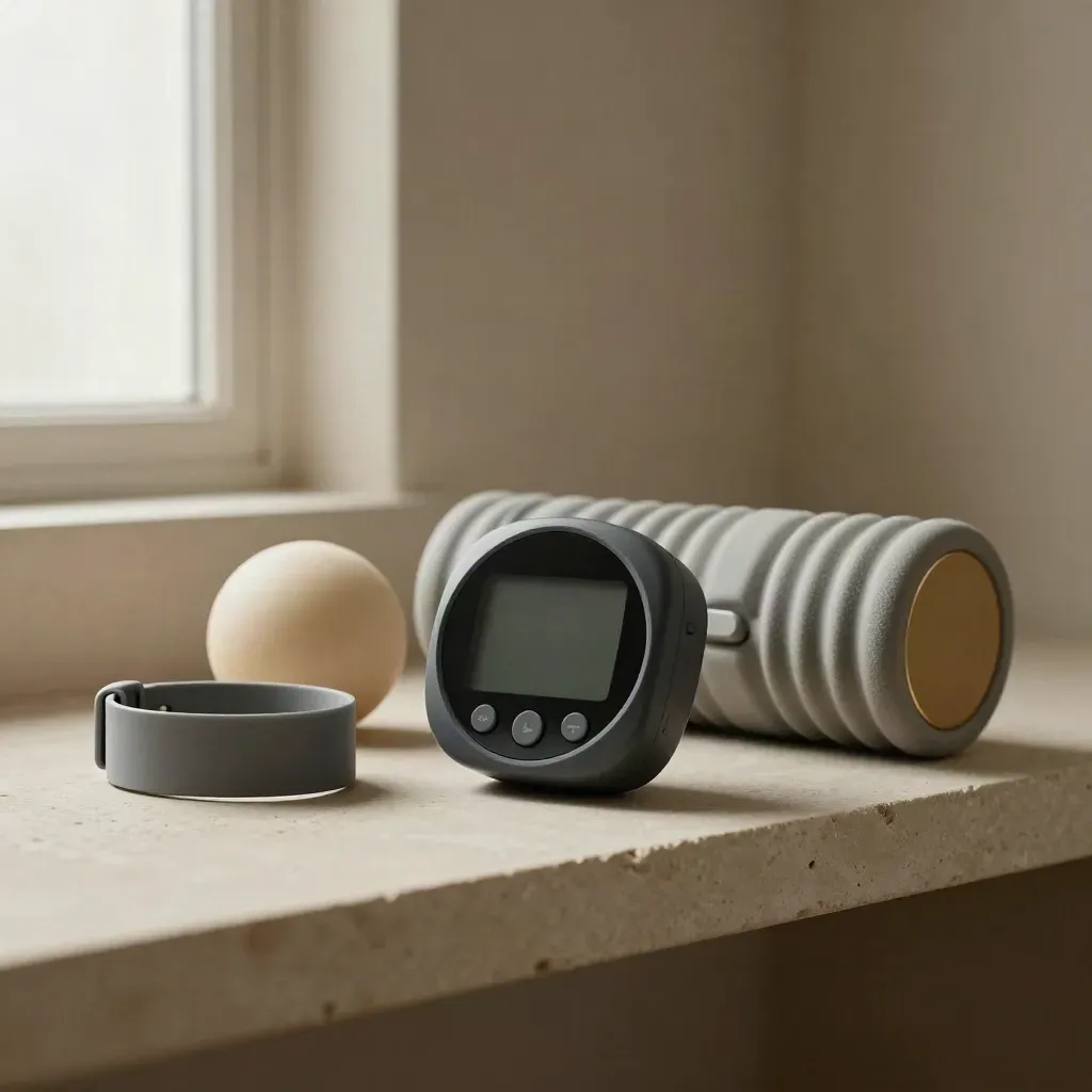 Timer intervalli, palla da recupero, fascia cardio e foam roller su mensola chiara