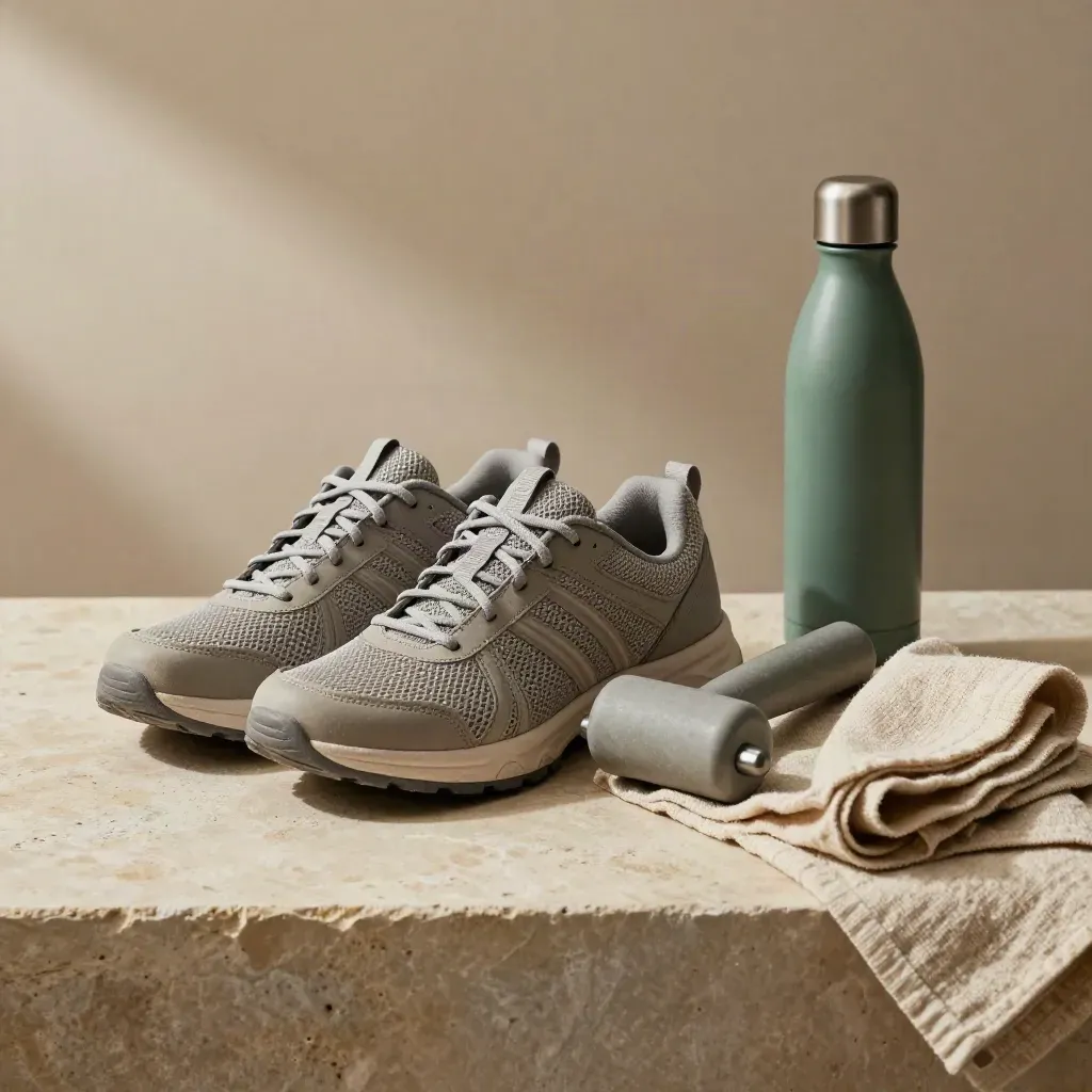 Scarpe da training, rullo, asciugamano e borraccia su mensola di pietra, luce morbida.