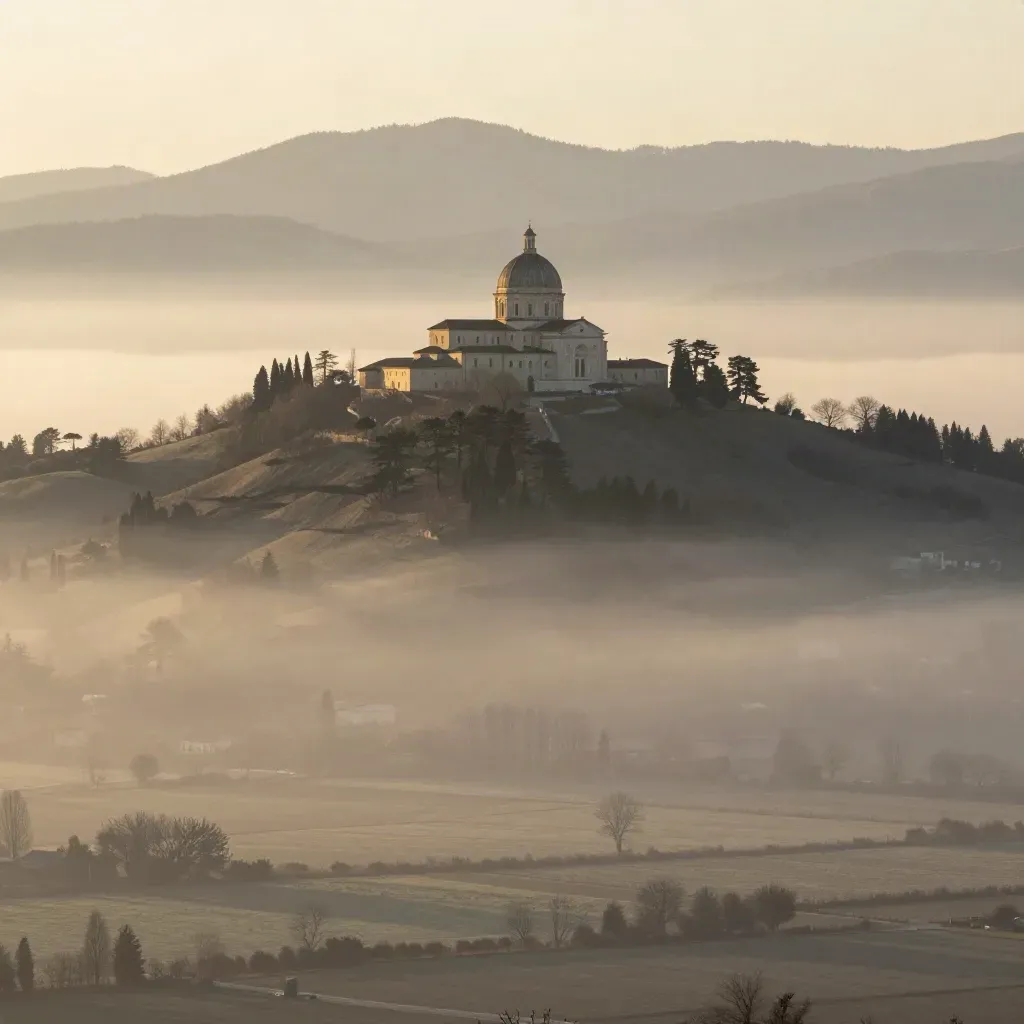 Collina di Superga sopra la Pianura Padana avvolta nella nebbia del mattino