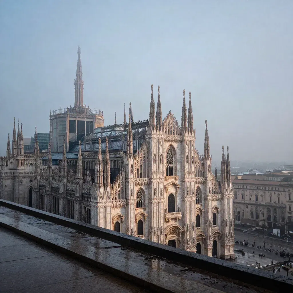 Duomo di Milano all’alba sopra una coltre di nebbia, tetti bagnati e luce calda.
