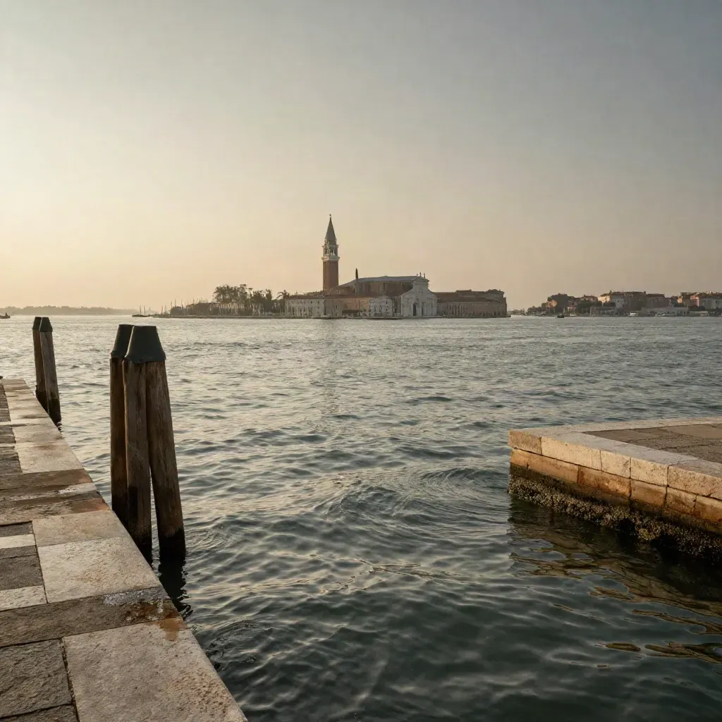 Laguna di Venezia al tramonto con campanile in silhouette, acqua calma e bruma dorata.