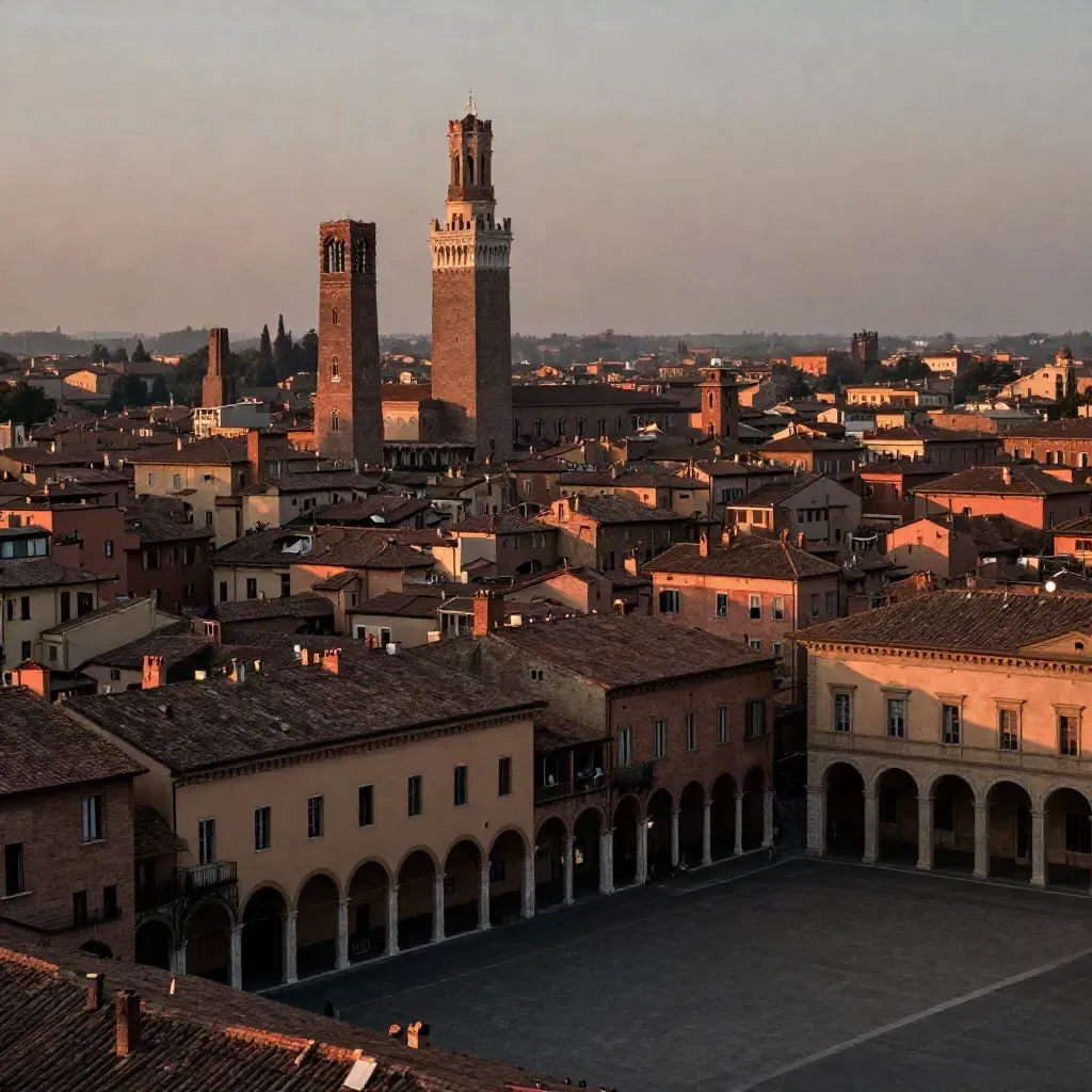 Bologna al tramonto con i tetti in cotto e le Due Torri sopra una piazza vuota velata di foschia.