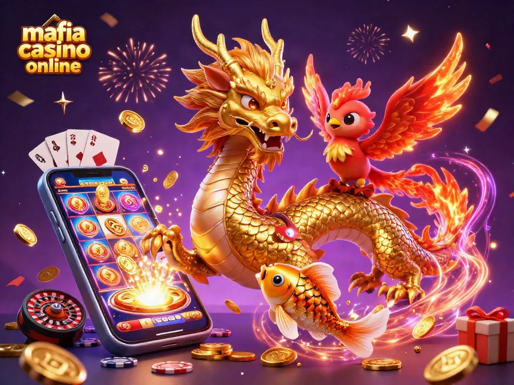 Experience excitement at mafia casino online with a dynamic 3D scene featuring vibrant characters and gaming elements.